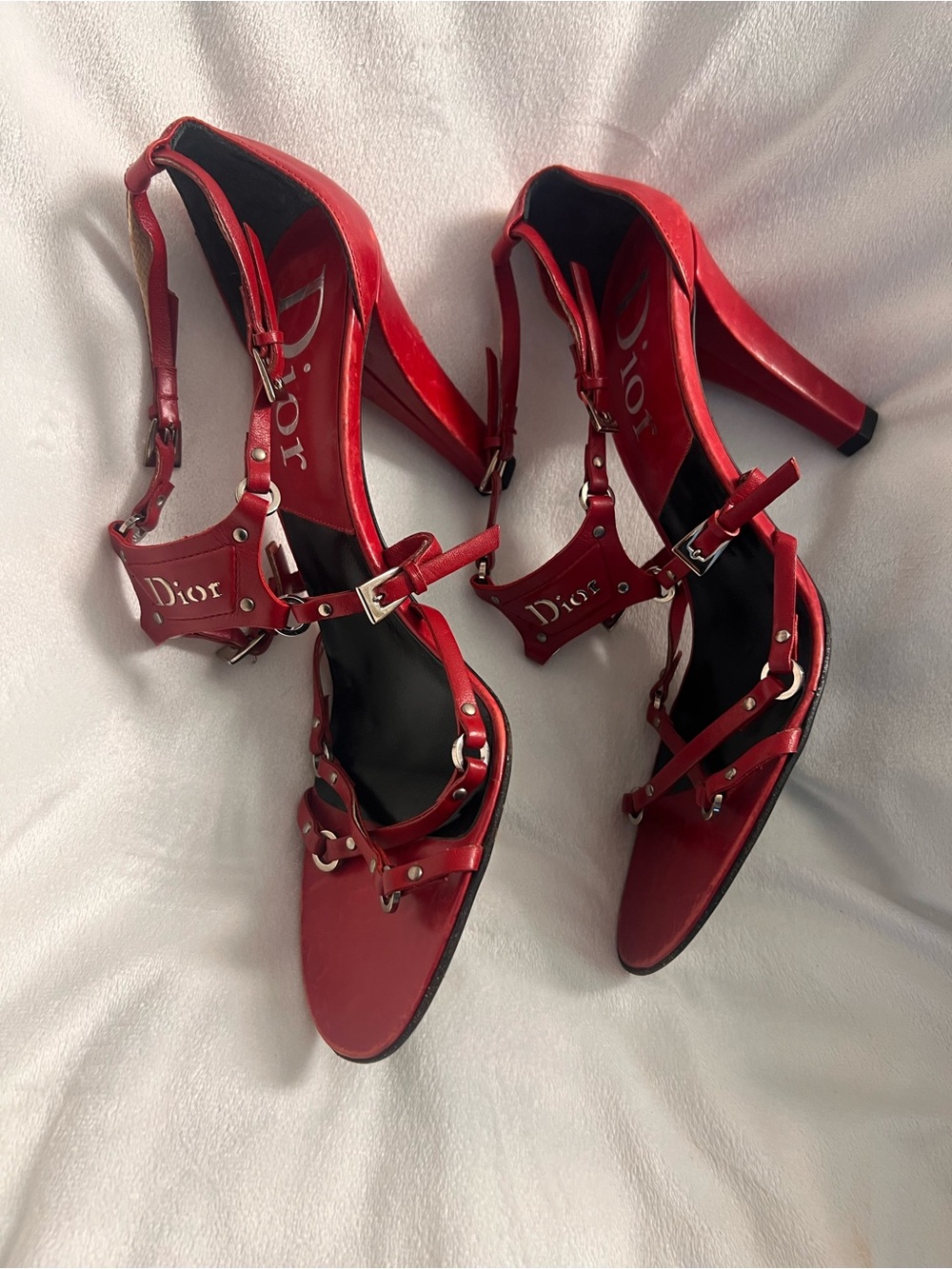 Dior Bondage Red Leather Studded Strappy Heels - Picture 4 of 9